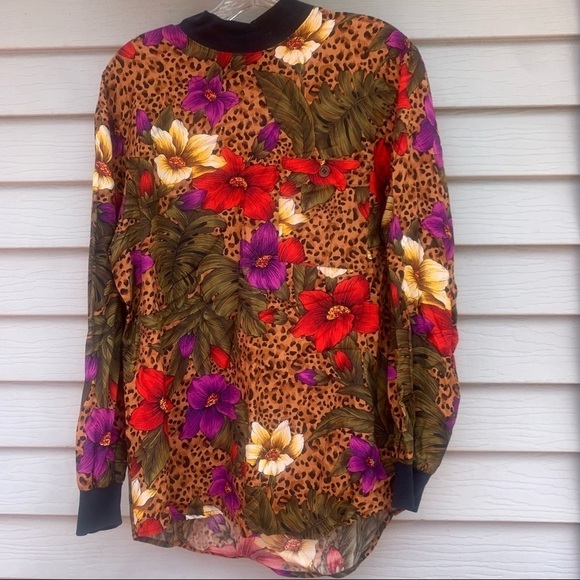 Vintage animal print tropical farm Rio floral long sleeve button back blouse 10 - Picture 1 of 7
